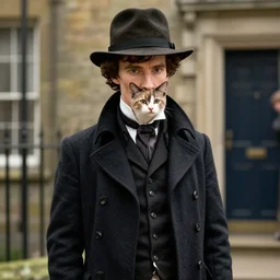 film still if a cut kitten as sherlock holmes wearing a tench coat and hat in the new sherlock holmes movie, 8 k