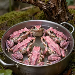 highly detailed pink frogs in a cooking pot beneath a tree, realistic,