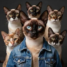 full head photo portrait of various cute wrinkle egyptian cat made of jeans jacket, medium shot, super realistic, crisp details, sharp, detailed, intricate, volumetric lights, cinematic, shit with hasselblad, octane render