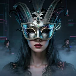 centered portrait of a beautiful woman wearing a venetian mask, intricate concept art, ethereal, highly detailed, artstation, smooth, cinematic, mist, dramatic lighting, neon darksynth, illuminated lines, outrun, vaporware, by ruan jia and ilya kuvshinov and liam wong and alphonse mucha