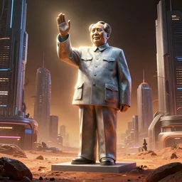 a photo of mao zedong's sculpture in cyberfunkcity on mars a made of resin by joe johnston and nilo rodis, highly detailed, dramatic lighting, radiant light, hyperrealism, digital art, artstation, concept art, detailed and intricate environment, wide angle, cinematic lighting