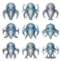 sea creature designs, Kim Jung Gi, Greg Rutkowski, Darek Zabrocki, Karlkka, Jayison Devadas, Phuoc Quan, trending on Artstation, 8K, ultra wide angle, zenith view, pincushion lens effect