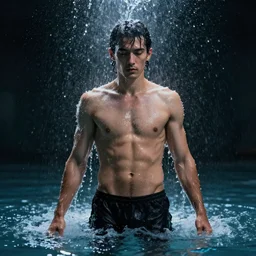 full shot of a man made of water, photorealistic, cinematic lighting, 8 k, extremely detailed photograph by viviane sassen