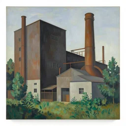 geometric painting of industrial buildings surrounded by undergrowth by henri rousseau