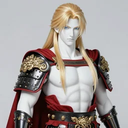 the latest blond male beefcake by Sakimichan, porcelain white skin, imperial centurion in black plate armor and red tabard decorated with thin golden filigree, voluptuous male, long curly light blond hair, long fluffy blond curly hair, wreathed in scintillating radiance flames of war, league of legends splash screen, hyper detailed background, 4K, artstation