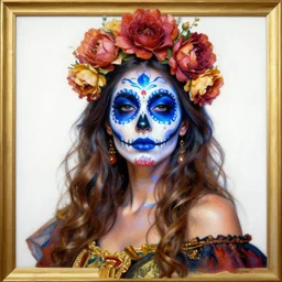 a gold oil painting hyperrealism of a beautiful woman on a white background, flowers, dia de los muertos makeup, floral headdress, 8 k resolution, octane render, trending on artstation, by gediminas pranckevicius, volumetric light 2 blue fractal thunder glow by dan mumford, anaglyph effect, laurie lipton