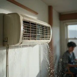 an air conditioner above a window in a teenager's room flooding water, california, blurred, faded, depth of field, sunny, ultra realistic, very detailed, by gerhard richter, neo rauch and nadav kander, 8 k hyper realistic detailed cinematic still