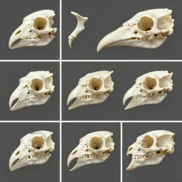 montage of style sheets, bird head made of bone structure, with diapsid with a pre - lachrymal fossa, a single occipital condyl, macro photograph by wikipedia and naturalist museum