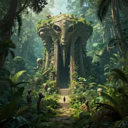 a surrounded hidden ancient alien structure in the jungle, concept art by yongfei liu, alben tan, vance kocas, octane rendered