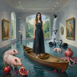 painting of a tall emo girl in a canoe in an art gallery, pigs, pomegranates, octopus, flooded, floating sculptures, luxury windows with view of nature, art on the walls, fish, zen, waterfall, black swans, canoe, berries, surrealist, by magritte and monet