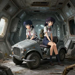 Interior of a abandoned and derelict spaceship from the anime Girls' Last Tour written and illustrated by Tsukumizu , trending on artstation,, highly detailed , 4K , 3D ,  Yuuri and Chito can bee seen with the kettenkrad