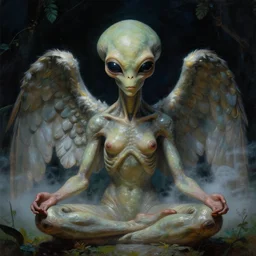 a neoclassicist close - up portrait of a big - eyed sci - fi alien angel meditating in a garden at night. reflective textures. glowing fog. highly detailed fantasy science fiction painting by moebius, norman rockwell, frank frazetta, and syd mead. rich colors, high contrast, gloomy atmosphere, dark background. artstation