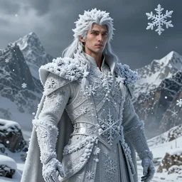 human costume design made by snowflakes, sophisticated composition, old masters light composition, procedurally generated, drama character posing for concept art, dramatic mountains behind, substance designer, PBR, HD, Ultra detailed, hyperrealistic, megascans, volumetric light, concept by master artist, made in paint tool SAI2, trending 500px face