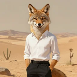Character portrait of a smiling furry anthro coyote wearing a white button-down shirt and black slacks in the desert wilderness, intricate, elegant, highly detailed, digital painting, artstation, concept art, smooth, sharp focus, illustration, art by Krenz Cushart and Artem Demura and alphonse mucha