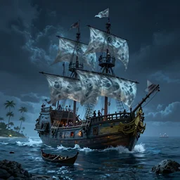 an ephemeral ghost ship full of ghost and skereton pirates approaching an inhabited island in the Caribbean at night, an award-winning high-quality digital art, hyperrealistic