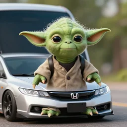 Yoda riding a Honda civic
