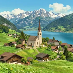 beautiful landscape scene, studio ghibli, a wonderful alpine town with an ocean view, churces, medieval architecture