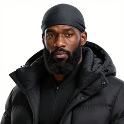 concept art render portrait of a handsome black athlete with a big beard wearing a dark gray durag and a black puffer winter coat, beautiful, fantasy, white background, cinematic lighting, artstation, trending, highly detailed, focus, smooth, by studio ghibli, rossdraws, hirohiko araki, conrad roset, yoshitaka amano