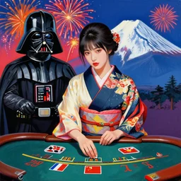 hyperrealistic composition of the detailed woman in a japanese kimono sitting at a extremely detailed black jack table with darth vader, fireworks, mountain fuji on the background, pop - art style, jacky tsai style, andy warhol style, acrylic on canvas