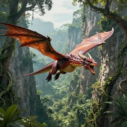 a feathered dragon with wings spread out and an open mouth flying over high cliffs and jungles with large trees and vines, fantasy, 8k, realistic