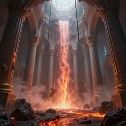 beautiful victorian temple with large pillars, lava streams, magma cascades, chains hanging from ceiling, light dust, by peter mohrbacher dan mumford craig mullins nekro, cgsociety, pixiv, volumetric light, 3 d render
