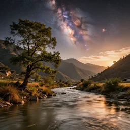 Tree, mountains, river, landscape, photo, universe in the sky, cinematic lighting, 4k, wide angle, warm tones, Earth, wind, reflections