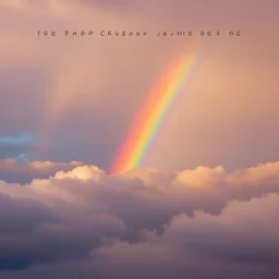“puffy cloudscape sunset with a rainbow in the middle, album art in the style of James Jean”