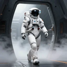 a beautiful artwork illustration, concept art sketch of an astronaut in white futuristic cybernetic armor walking out of the entrance of a black futuristic spaceship, volumetric fog, godrays, high contrast, vibrant colors, vivid colors, high saturation, by greg rutkowski and jesper ejsing and raymond swanland and alena aenami, featured on artstation, narrow angle, vertical orientation