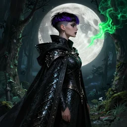 moon in the background!!!!!, side portrait dark queen, witch outfit large cloak, fantasy forest landscape, dragon scales, fantasy magic, undercut hairstyle, short purple black fade hair!!!!!!, dark light night, intricate, elegant, sharp focus, illustration, highly detailed!!!!!!!, digital painting, concept art, green neon smoke, matte painting, art by WLOP and Artgerm and Greg Rutkowski and Alphonse Mucha, masterpiece