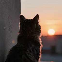 a stunning ultra detailed close up photo of a silhouette of the back of a furry cat on a wall watching a sunset by tomasz alen kopera and artgerm, backlight, backview, photorealistic, fur glowing in sunset light, 8 5 mm, golden hour hues, sunset sky, deep depth of field, artstation, 8 k, highly coherent