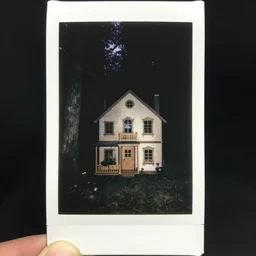an eerie polaroid photograph of a scary evil horrifying doll house in the woods, nighttime, dimly lit, creepy hd 4k