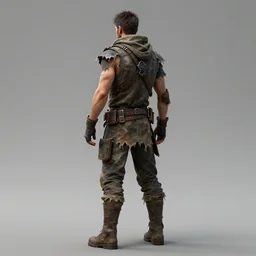 man wearing tattered post apocalypse outfit, rear view, full body shot, 3 d render, 8 k, isolated, ya fantasy