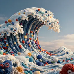 awesome huge wave made of thousands of crocheted sculptures, octane render, 3 d, epic lighting, cinematic composition, hyperrealistic, 8 k,