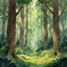 surreal forest scene, greg rutkowski, artstation, illustration, digital painting, watercolor, fantasy, realism, surrealism, outdoors