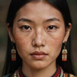 portrait of a stunningly beautiful asian tribal female, freckles, olive skin, shining eyes, depth of field, zeiss lens, detailed, symmetrical, centered, fashion photoshoot, by Annie Leibovitz and Steve McCurry, David Lazar, Jimmy Nelsson, Breathtaking, 8k resolution, extremely detailed, beautiful, establishing shot, artistic, hyperrealistic, beautiful face, octane render