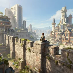 establishing shot of a young man sitting atop the tall wall of a beautiful sci fi walled city inspired by amsterdam and victorian england and los angeles, sunny weather and blue sky, digital painting, concept art, trending on artstation, matte painting, highly detailed, intricate, art by greg rutkowski and artgerm and craig mullins, cinematic, octane render, 8 k, unreal engine
