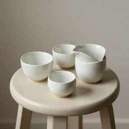 ceramics set on a beige stool, 3 5 mm f / 2. 4