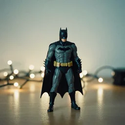 close up of photo of Batman action figure on table top with fairy lights in the background, expired film, thin dof, soft lighting, realistic, swirly bokeh,