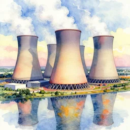 a beautiful insanely intricate watercolor illustration of modern nuclear power station, reflexions, colorfull, by william turner art, by greg rutkowski, by james jean, by rossdraws, by frank franzzeta, by sakimichan, by edmund dulac, trending on artstation, insanely detailed, masterpiece,