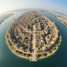ancient city by water, greg rutkowski, zabrocki, karlkka, jayison devadas, trending on artstation, 8 k, ultra wide angle, zenith view, pincushion lens effect