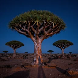 moonlit socotra island with dragon trees, starry night, sharp focus, wide shot, trending on ArtStation, masterpiece, by Greg Rutkowski, by Ross Tran, by Fenghua Zhong, octane, soft render, ultrarealistic, colorful, cinematic, matte painting, shadow of the tomb rider