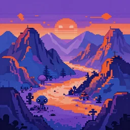 pixel art alien landscape of mountains and vistas in purples blues and oranges