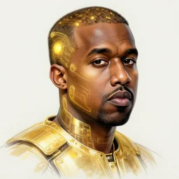 sketch study of portrait of kanye west wearing a golden futuristic energy technologically enhanced neo solar punk aesthetic golden crown by beeple, art station hyper realistic fanart digital art. octane render, hyperrealism.