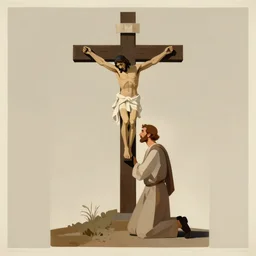 earth tone neutral palette, by anton fadeev darwyn cooke beautiful graphic full body portrait, a man kneeling at the base of the christian cross, propaganda poster art 1 9 7 0 s illustrated advertising art, painterly character design limited palette