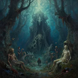 a cinematic masterpiece painting of gothic exotic alien mystical underwater forest of despair and misery, by Andreas Achenbach, by Wayne Barlowe, by Marc Simonetti, by Caspar David Friedrich, by Tim Hildebrandt, by Bruce Pennington, by Zdzisław Beksiński, by Paul Lehr, oil on canvas, masterpiece, trending on artstation, featured on pixiv, cinematic composition, beautiful lighting, sharp, details, hyper-detailed, no frames, HD, HDR, 4K, 8K