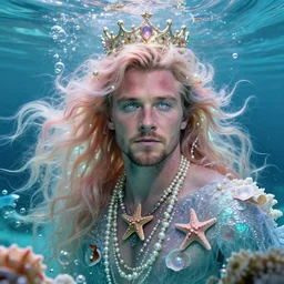 “ ewan mcgregor portrait, fantasy, mermaid, hyperrealistic, game character, underwater, highly detailed, sharp focus, cinematic lighting, pearls, glowing hair, shells, gills, crown, water, highlights, starfish, jewelry, realistic, digital art, pastel, magic, fiction, ocean, king, colorful hair, sparkly eyes, fish, heroic, god, waves, bubbles, king ”