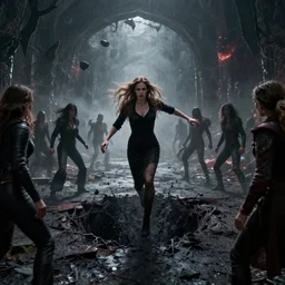 woman falling through a black hole into hell facing all her enemies