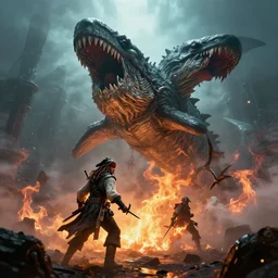 pirates vs the kraken, cinematic, foggy, volumetric lighting, fire, unreal engine, trending on artstation