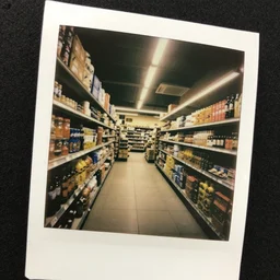 low - angle go - pro view, very low - angle, ant's!!! eye!!! view!! photo of a groceries store, polaroid photo, by andy warhol