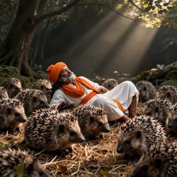 A fakir lying on a bed of hedgehogs